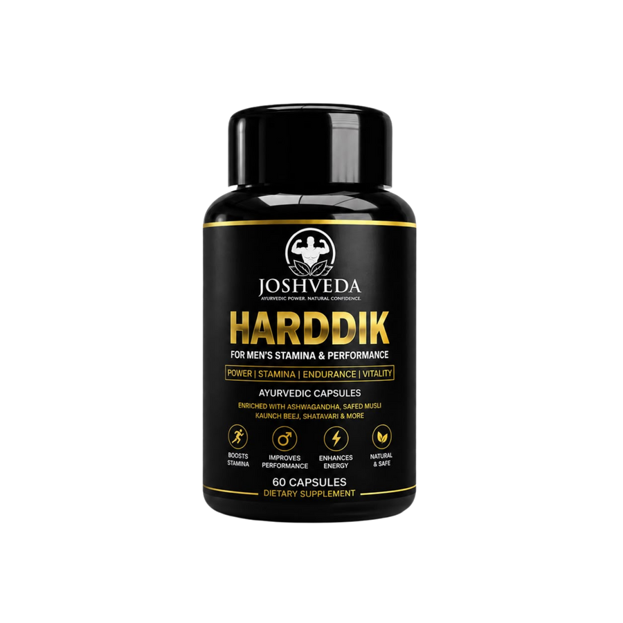 A black bottle of Joshveda Harddik Ayurvedic capsules, featuring a black label with gold and white text and graphics, set against a plain white background.