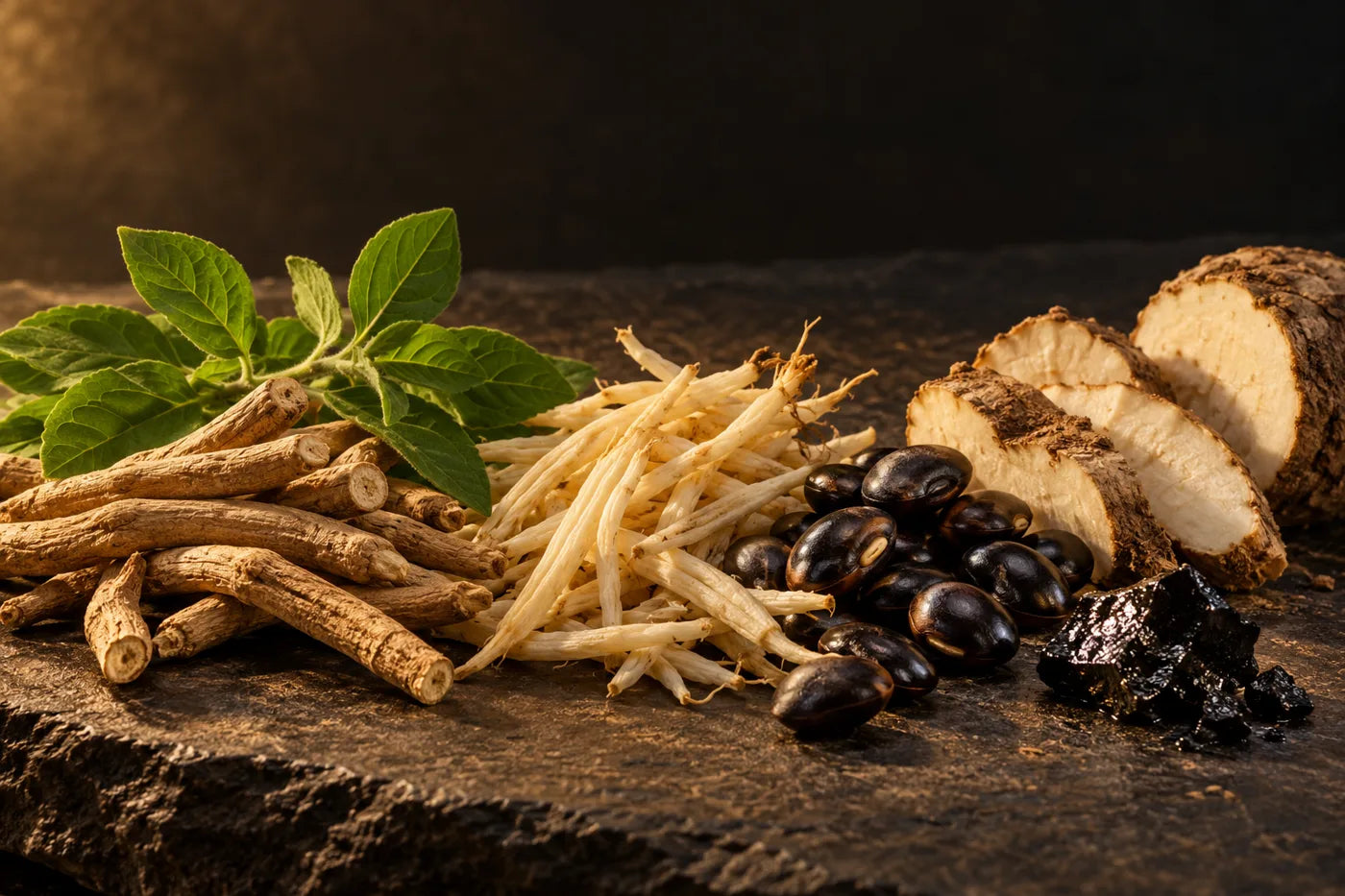 Ayurvedic roots, leaves, seeds and resin on dark stone